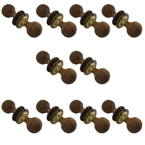 10 Pairs of Rosewood & Aged Brass Beehive Door Knobs
