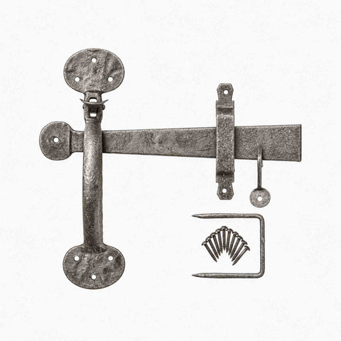 Pewter handforged Suffolk thumb latch with matching fixing screws for traditional timber doors