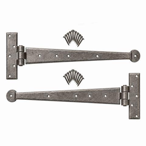 Pair of 15 inch pewter wrought iron Penny End T hinges with matching fixing screws