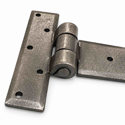 Close-up of 15 inch pewter wrought iron T hinge showing textured handforged finish and hinge knuckle