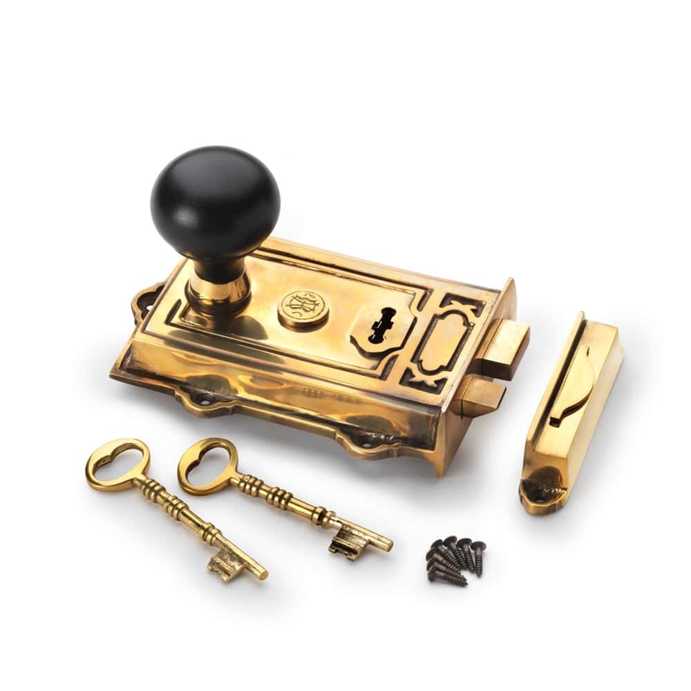 Aged Brass Davenport Rim Lock with Ebonised Bun Door Knobs – ABHardware