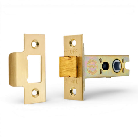 Satin brass heavy duty tubular mortice door latch 3 inch FD30 FD60 fire rated with striker plate