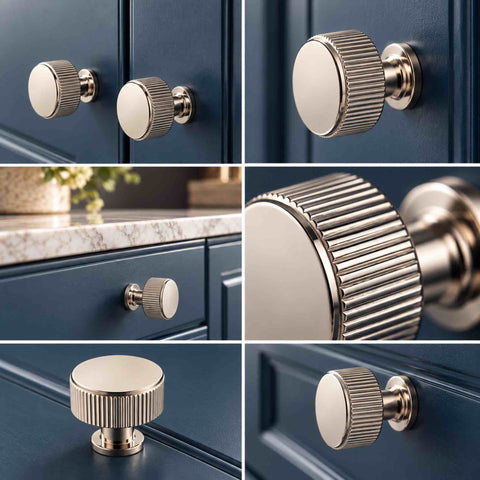 Polished nickel Lucia reeded cupboard knobs fitted to dark blue kitchen cabinets with close-up detailing