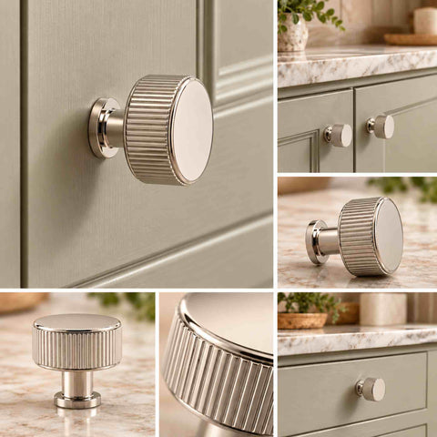 1. 35mm polished nickel Lucia reeded cupboard knob shown on contemporary kitchen cabinets with close-up views