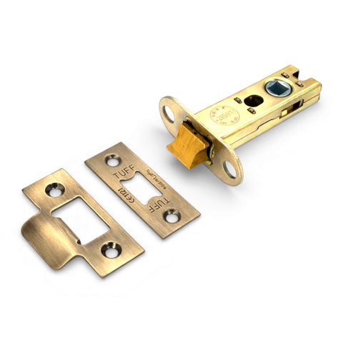 4 inch aged brass heavy duty mortice tubular door latch with matching strike plate CE fire rated door hardware