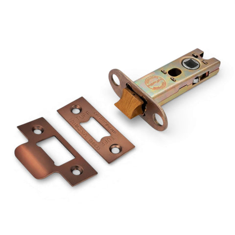 4 inch aged bronze heavy duty tubular mortice door latch with matching strike plate and dust box CE fire rated hardware