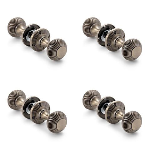 4 Pairs of Matt Antique Brass Sprung Beehive Mortice Door Knobs