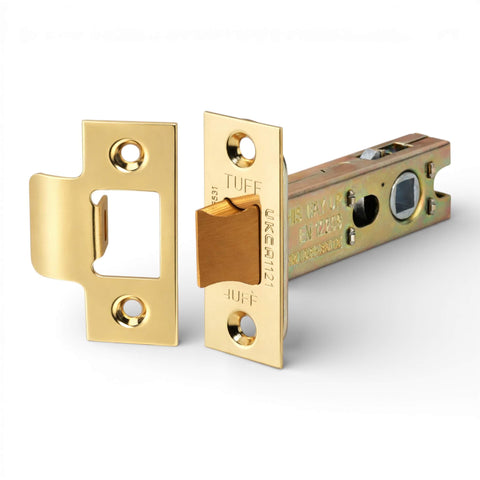 Polished brass heavy duty tubular mortice door latch 4 inch fire rated FD30 FD60 with strike plate