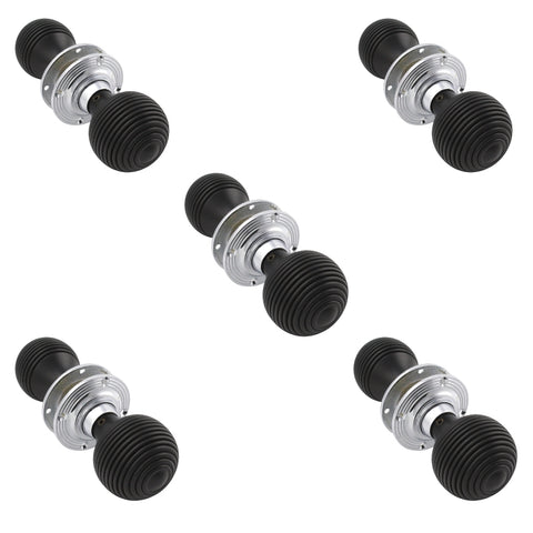 5 Pairs Ebonised & Polished Chrome Beehive Door Knobs