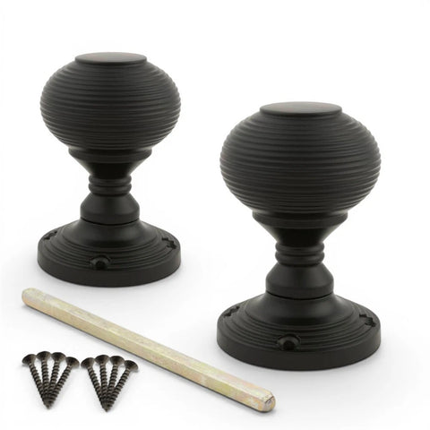 Black Sprung Beehive Mortice Door Knob Pair with Spindle and Matching Fixing Screws