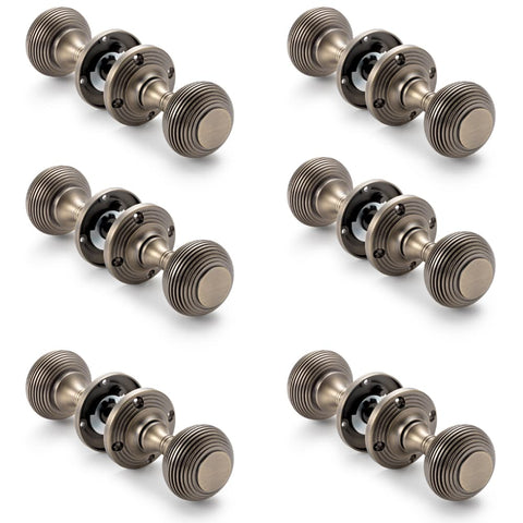 6 Pairs of Matt Antique Brass Sprung Beehive Mortice Door Knobs
