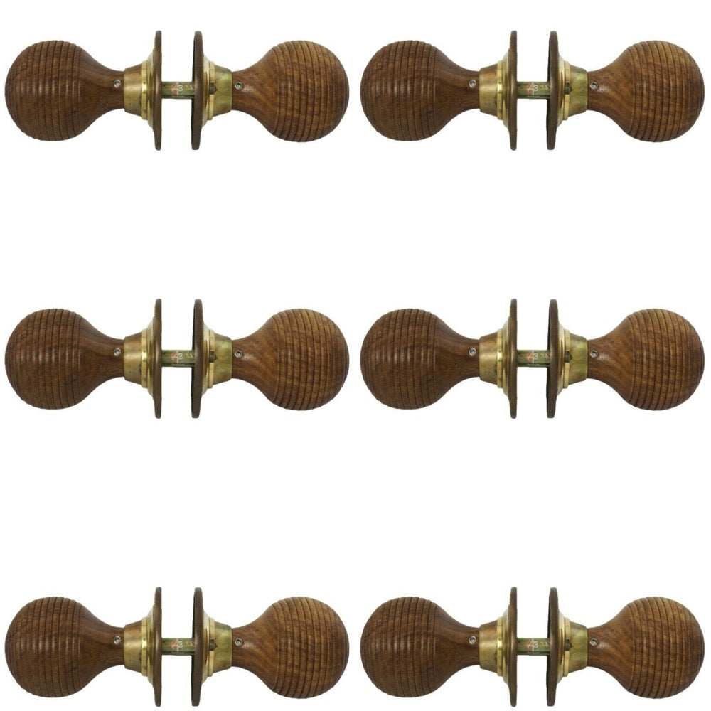 6 pairs aged brass rosewood beehive door knobs