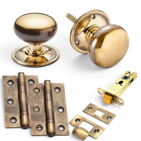 65mm aged brass cottage door knobs complete set with latch and hinges