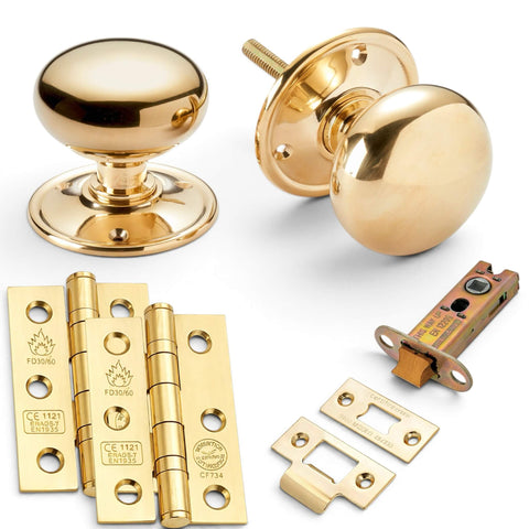 65mm polished brass cottage door knobs complete set with latch and hinges components
