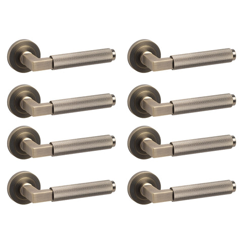 8 Pairs Antique Brass Linear Reeded Internal Door Handles Set