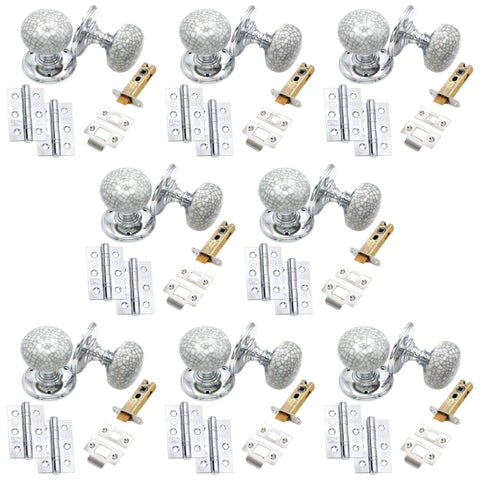 Blue Crackle Porcelain Polished Chrome Mortice Door Knob Set – 8 Pairs with Latches and CE7 Hinges