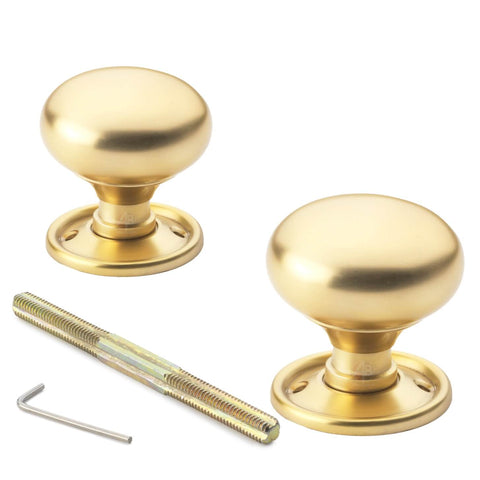 Solid brass cottage door knob pair in lacquered matt brass finish with spindle and Allen key included