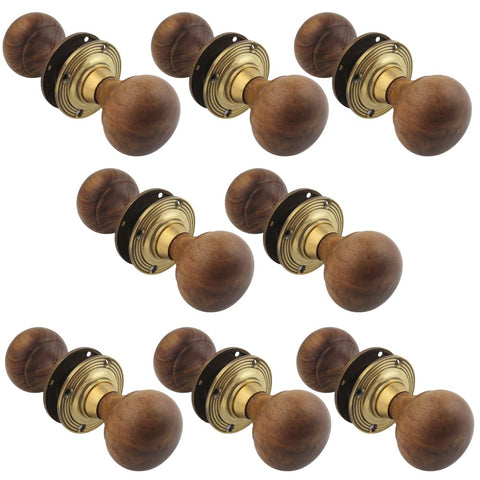 8 Pairs of Rosewood & Aged Brass Bun Door Knobs