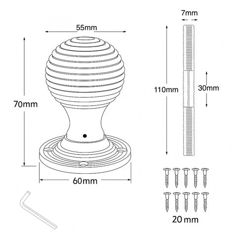 Technical drawing showing dimensions and fittings for the rosewood and polished chrome beehive door knob