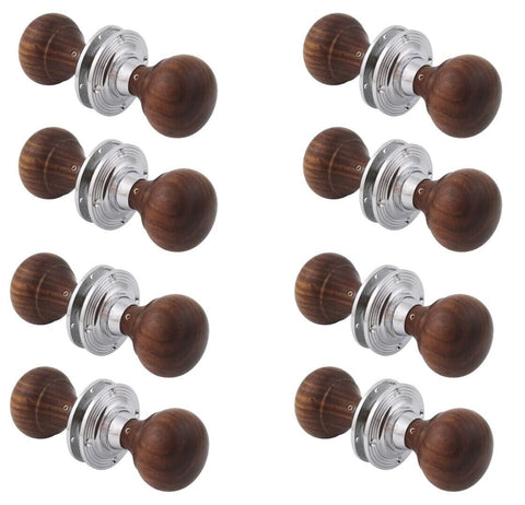 8 Pairs Rosewood Polished Chrome Round Plain Bun Rim Mortice Door Knobs