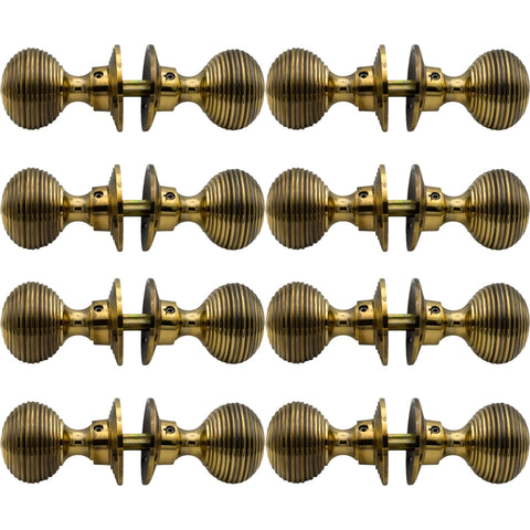 8 Solid Aged Brass Beehive Rim Mortice Door Knob Pairs