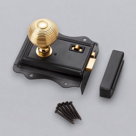 Old Victorian Style Solid Polished Brass Beehive Door Rim Lock Knob Set