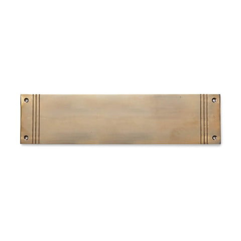 Unlacquered aged brass solid brass reeded push plate, 305mm x 75mm, front view with fixing holes visible