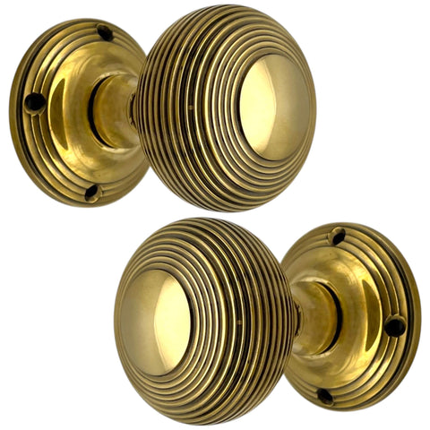 Aged Brass Beehive Mortice Door Knobs Pair 55mm