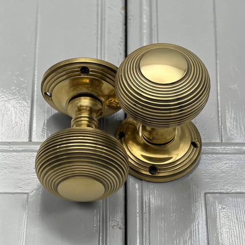 Aged Brass Beehive Mortice Door Knobs Pair 55mm