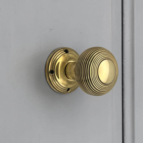 Aged Brass Beehive Mortice Door Knobs Pair 55mm
