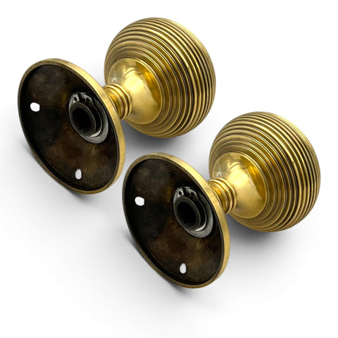 Aged Brass Beehive Mortice Door Knobs Pair 55mm