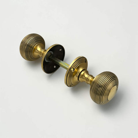 Aged Brass Beehive Mortice Door Knobs Pair 55mm