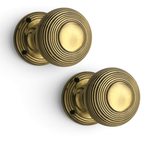 Aged Brass Beehive Mortice Door Knobs Pair 55mm