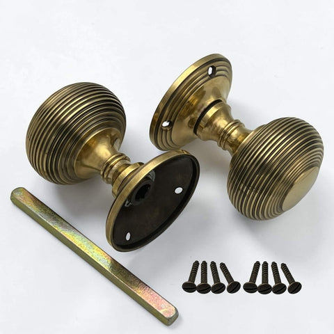 Aged Brass Beehive Mortice Door Knobs Pair 55mm
