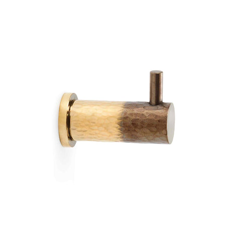 Aged brass hammered coat hook mounted on a round rose backplate