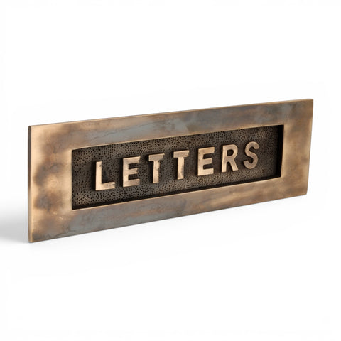 Aged Brass LETTERS Letter Plate with Raised Lettering on Traditional Black Front Door