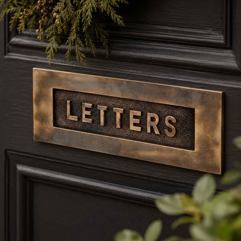 Decorative Aged Brass LETTERS Letter Plate on Black Front Door