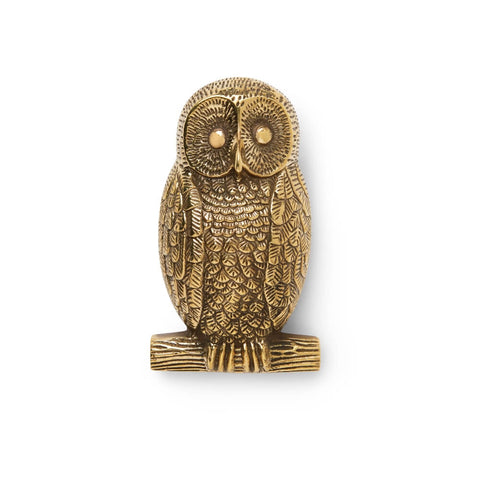 Unlacquered aged brass owl door knocker with detailed feather design on a white background