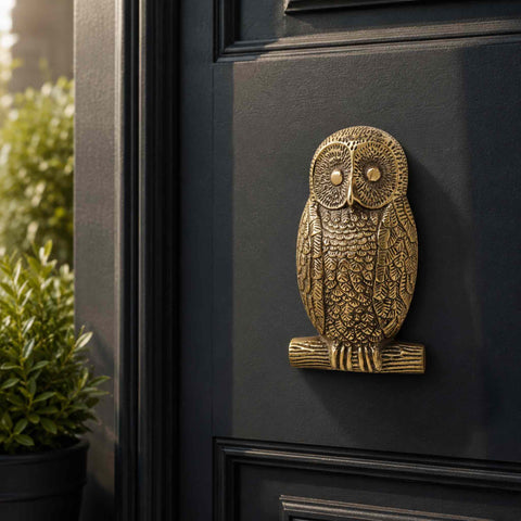 Aged brass owl door knocker mounted on a black front door with decorative panel detailing and surrounding garden foliage.
