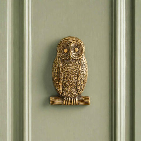 Aged brass owl door knocker fitted to a sage green front door, demonstrating how the warm brass finish complements traditional exterior colours.