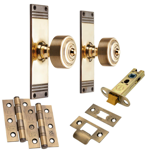 aged brass reeded door knobs on backplate with 3 inch heavy duty latch and CE7 hinges latch pack
