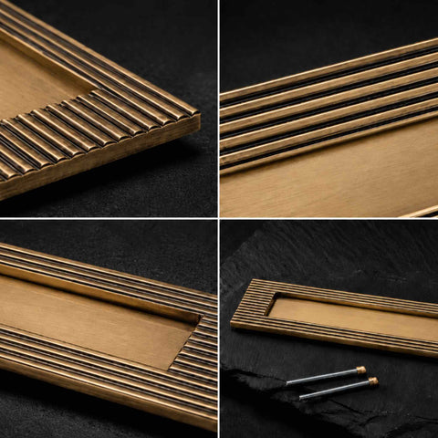 Collage showing reeded detailing, plain flap and fixing bolts of aged brass letter plate