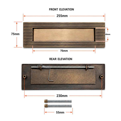 Technical dimensions and rear fixing view of reeded solid brass aged brass letter box plate 255mm x 75mm