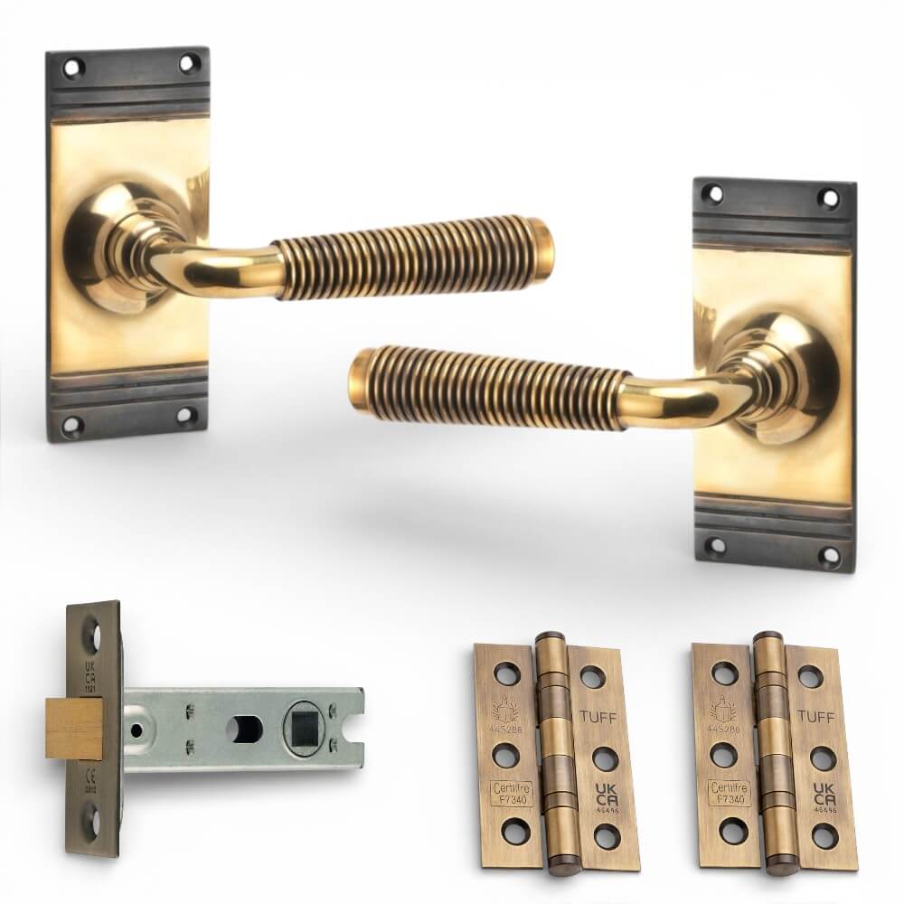 Aged Brass Reeded Lever Door Handles on Backplate Pair with Tubular ...