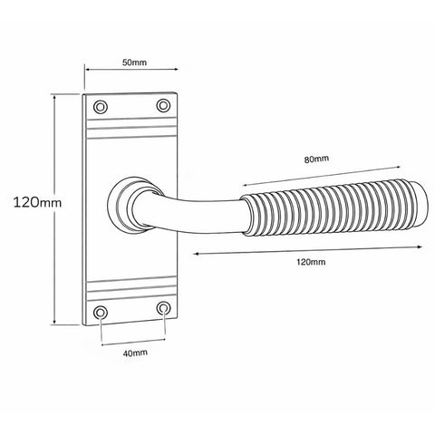 Technical drawing of aged brass reeded lever door handle on backplate showing dimensions