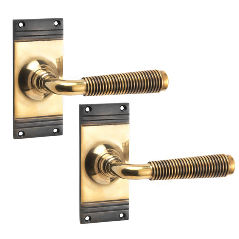 Pair of aged brass reeded lever on backplate door handles displayed on a white background.