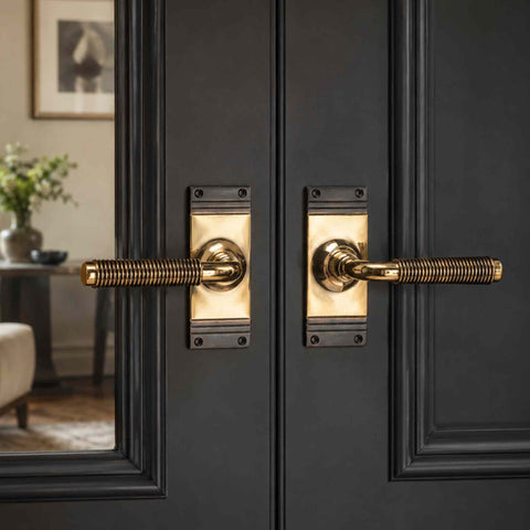 Pair of aged brass reeded lever door handles installed on double internal doors