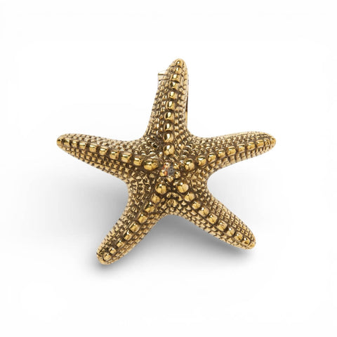 Unlacquered aged brass starfish door knocker, front view showing textured solid brass detailing