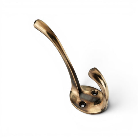Unlacquered Aged Brass Victorian Coat Hook Showing Curved Double Hook Design