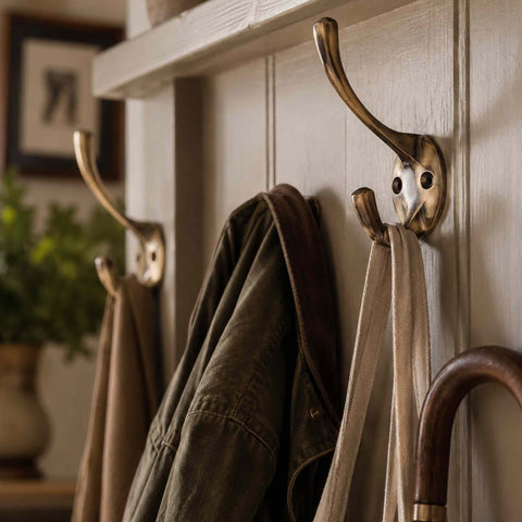 Aged brass Victorian coat hooks fitted to a traditional hallway coat rack with coats and bags